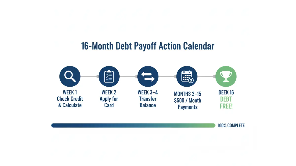 0% APR 16-month action timeline for paying off $8,000 credit card debt using a balance transfer strategy