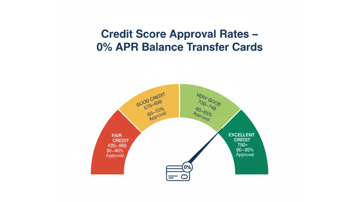 0% APR credit score approval probability gauge showing higher approval rates for balance transfer cards with excellent credit