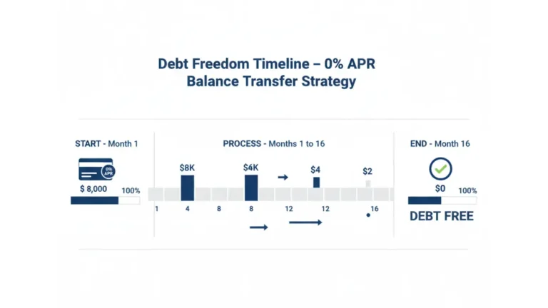 0% APR debt freedom timeline infographic showing $8,000 credit card debt reduced to $0 in 16 months using a balance transfer card