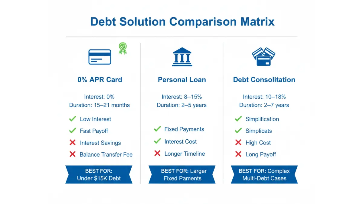 0% APR debt solution comparison matrix showing balance transfer cards versus personal loans and debt consolidation options