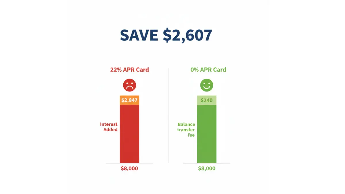 0% APR comparison chart showing $2,607 savings versus a 22% APR credit card when paying off $8,000 debt