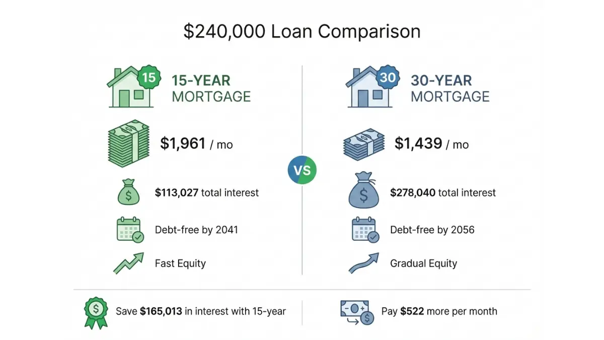 15-year mortgage vs 30-year mortgage payment and interest comparison showing monthly payments and long-term interest savings