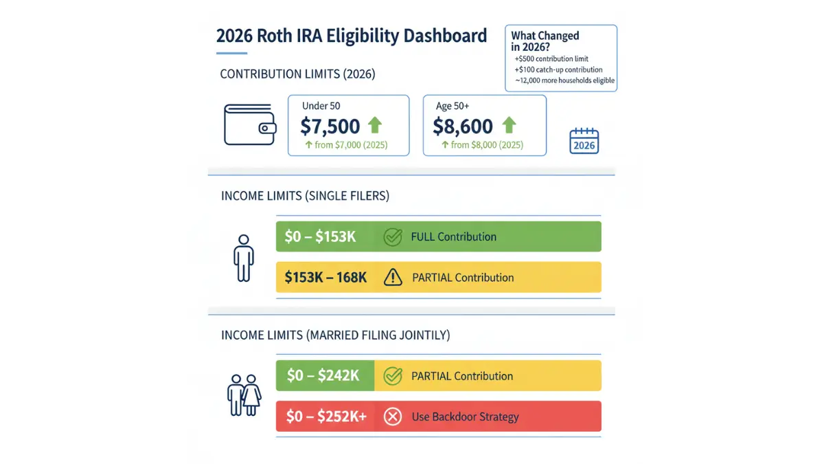 Roth IRA contribution limits and income eligibility dashboard for 2026 showing phase-out ranges for single and married filers