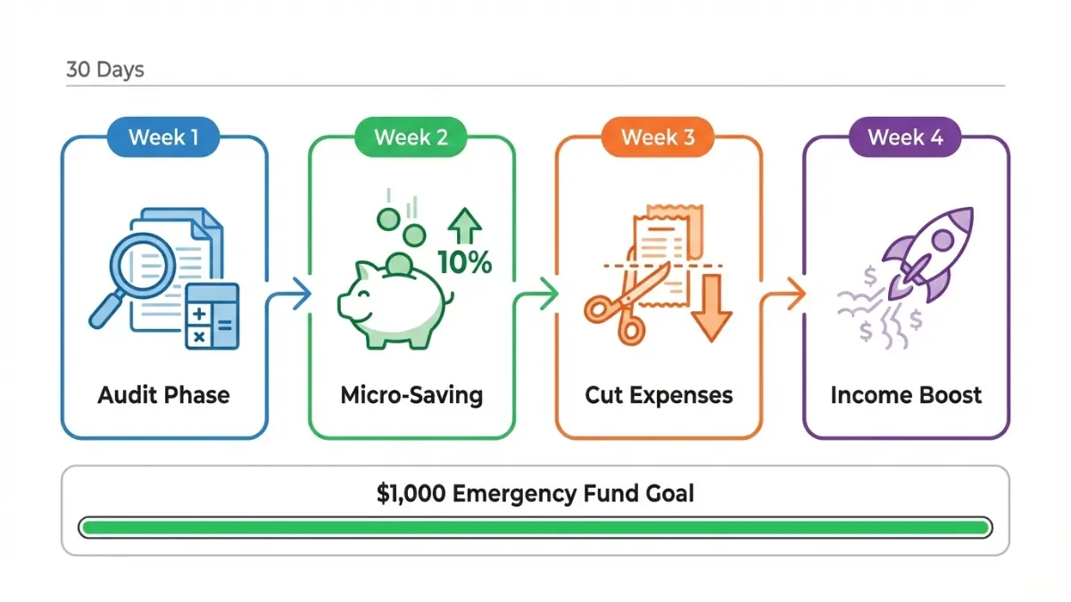 Paycheck action timeline showing week by week steps to break paycheck dependency in 30 days