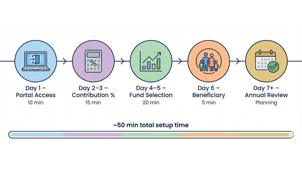 401(k) setup timeline showing how to start and configure a 401(k) plan in about 7 days
