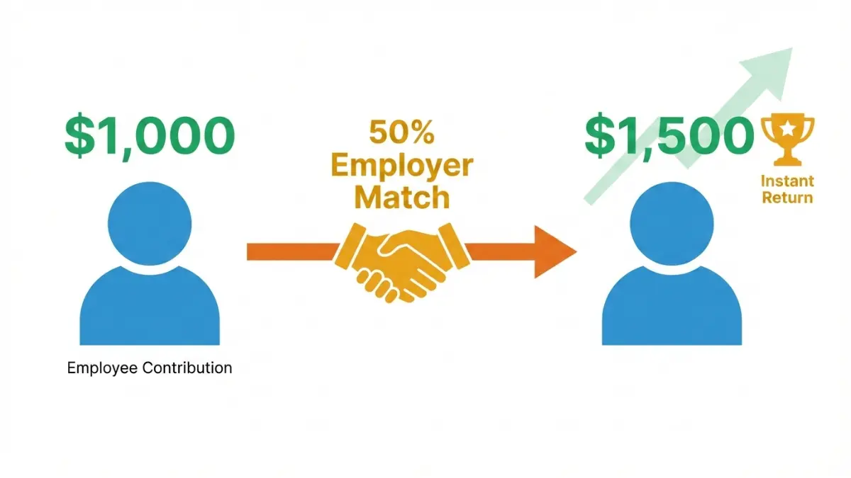 IRA illustration showing employee contributing $1,000 to a 401(k) with a 50% employer match resulting in $1,500 total contribution, demonstrating instant return compared to IRA funding