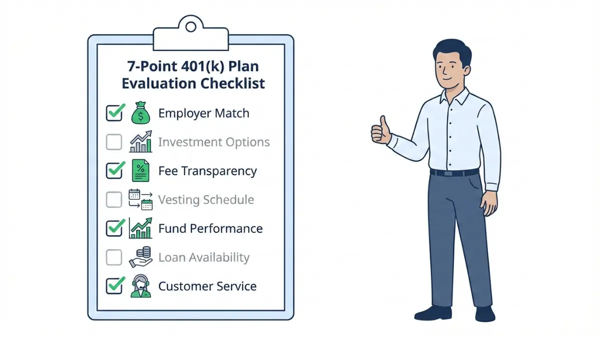 401(k) plan evaluation checklist showing employer match, fees, funds, vesting, and customer service