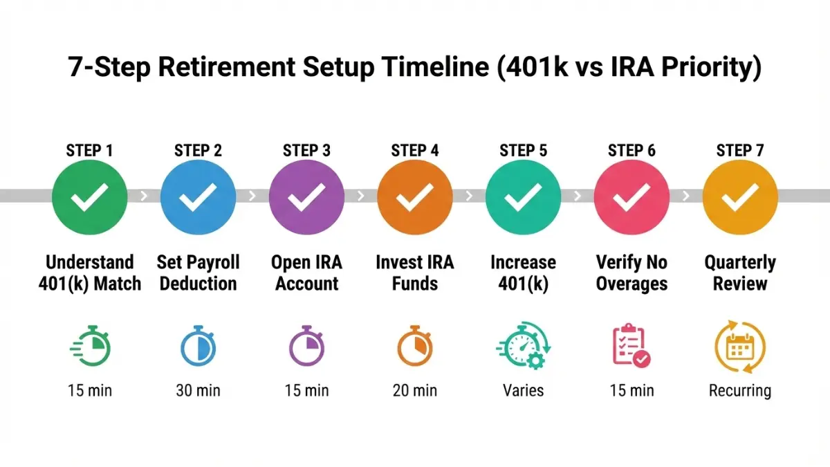 IRA retirement planning timeline showing seven sequential steps from understanding 401(k) match to quarterly reviews with time estimates for each action