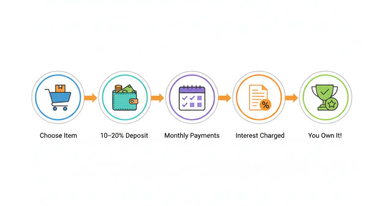 Hire Purchase step by step process showing deposit, monthly payments, interest, and ownership