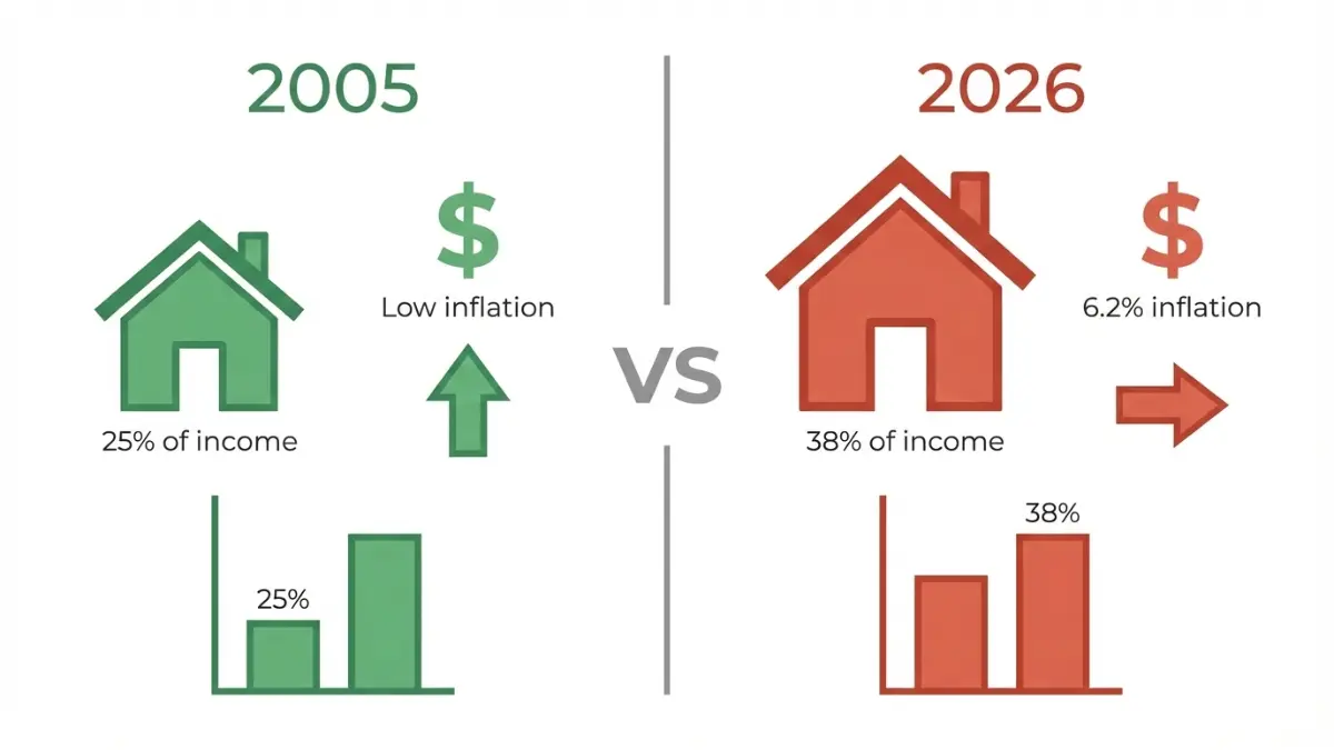50/30/20 budget comparison between 2005 and 2026 showing housing costs rising and higher inflation pressure