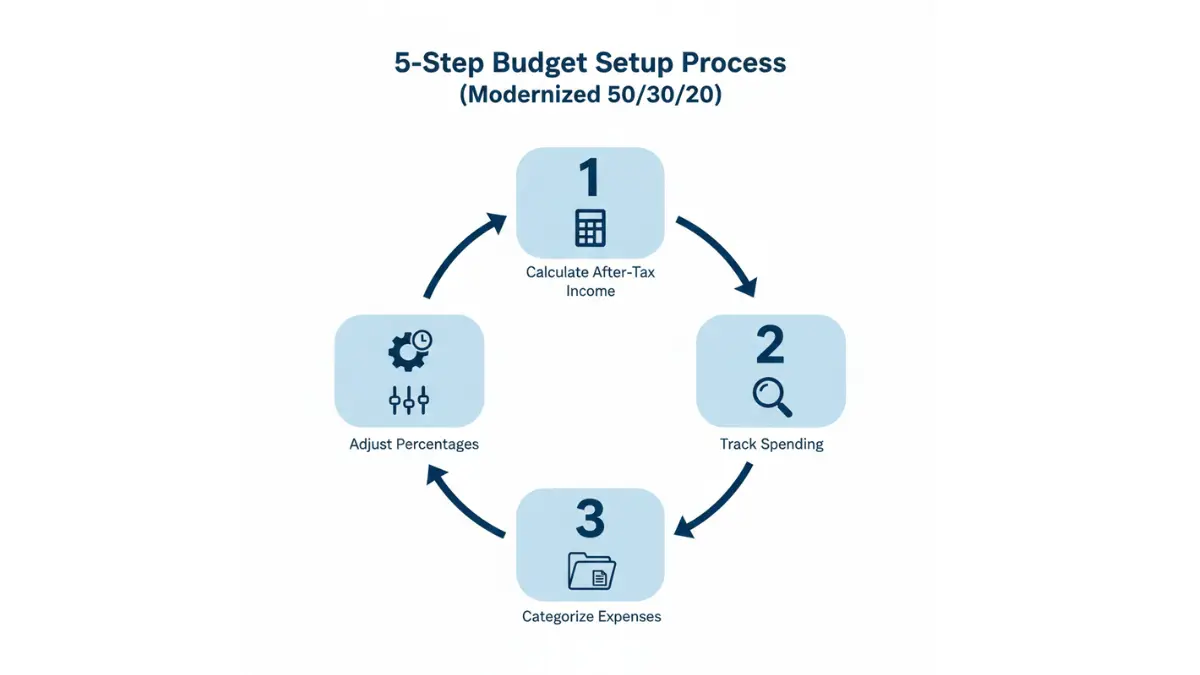 50/30/20 budget 5 step process showing how to calculate track adjust and automate a modern budget