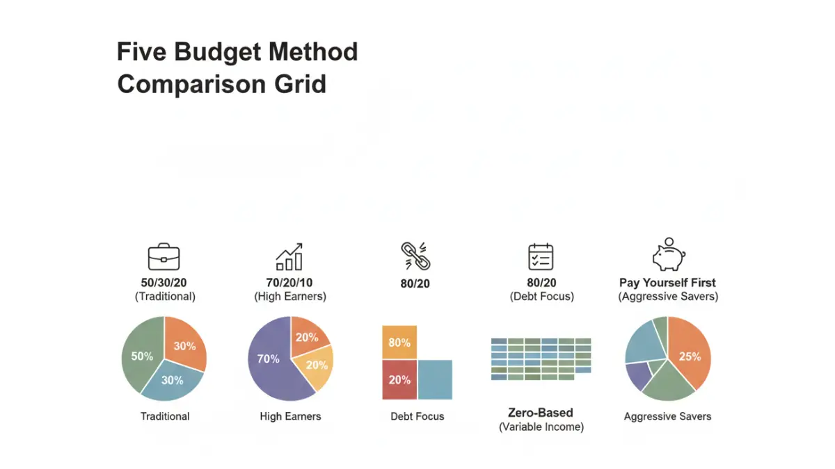 50/30/20 budget comparison with other methods including 70/20/10 zero based and pay yourself first