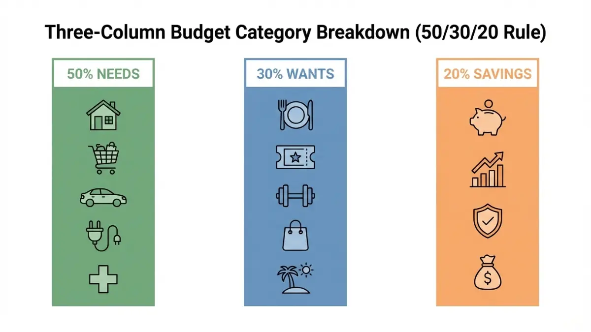 50/30/20 budget category breakdown showing needs wants and savings with clear icons for each expense group