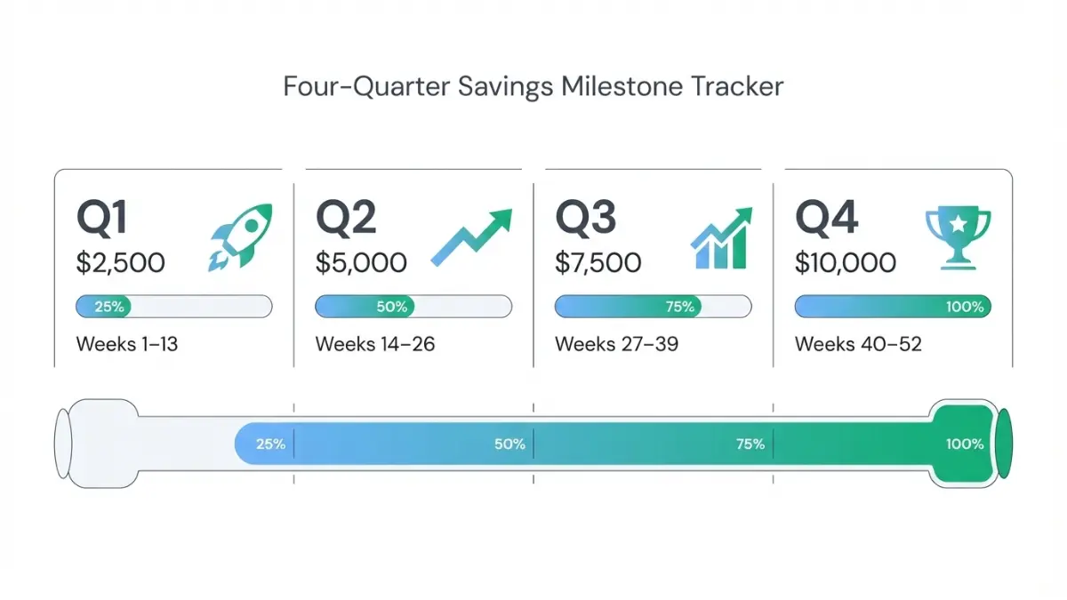 52-week four-quarter savings milestone breakdown showing progress from $2,500 to $10,000