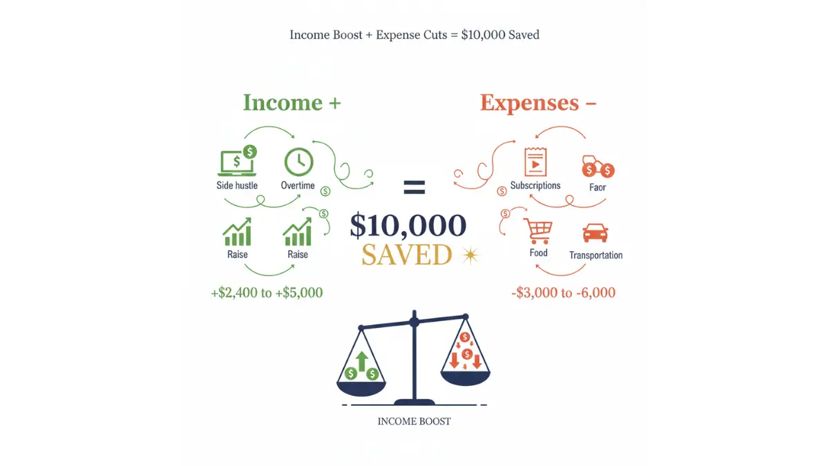 52-week savings strategy showing how extra income and expense cuts lead to $10,000 saved