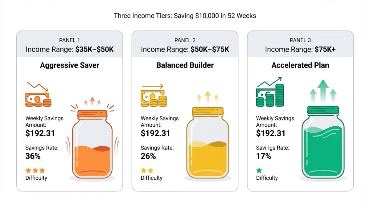 52-week income-based savings strategy comparison across three income tiers