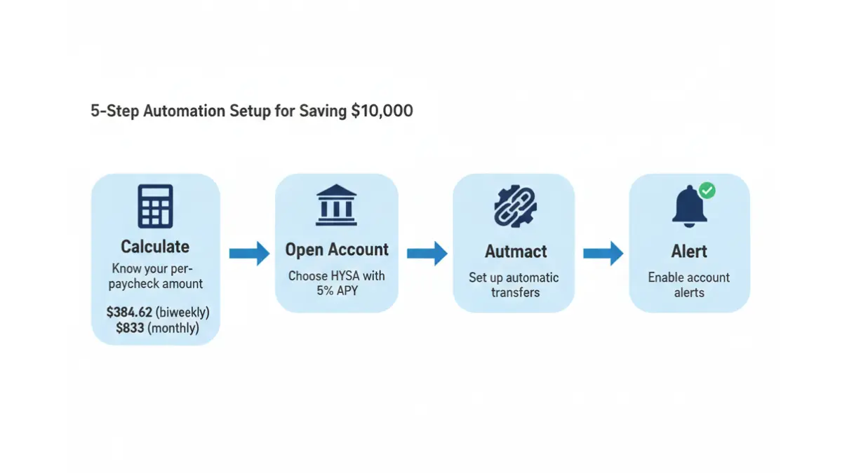 52-week savings automation flowchart showing five steps to automate weekly transfers