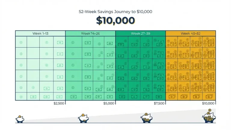 52-week savings journey calendar showing progress from $0 to $10,000 by December 2026