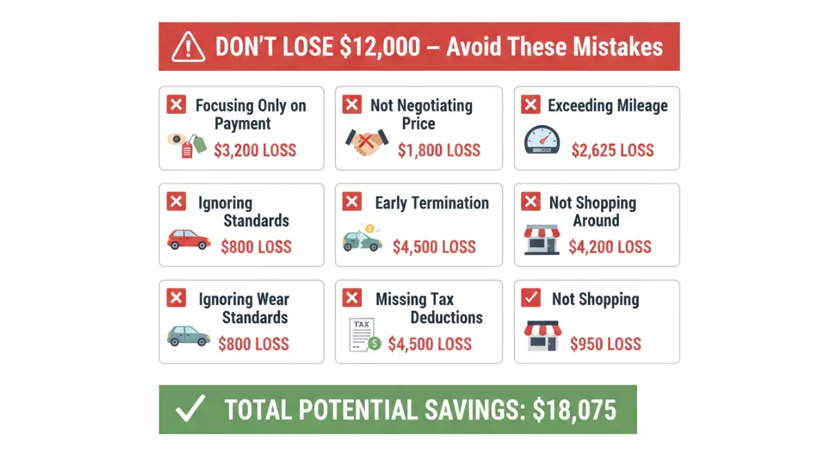 Leasing mistakes that can cost thousands explained in a visual warning board