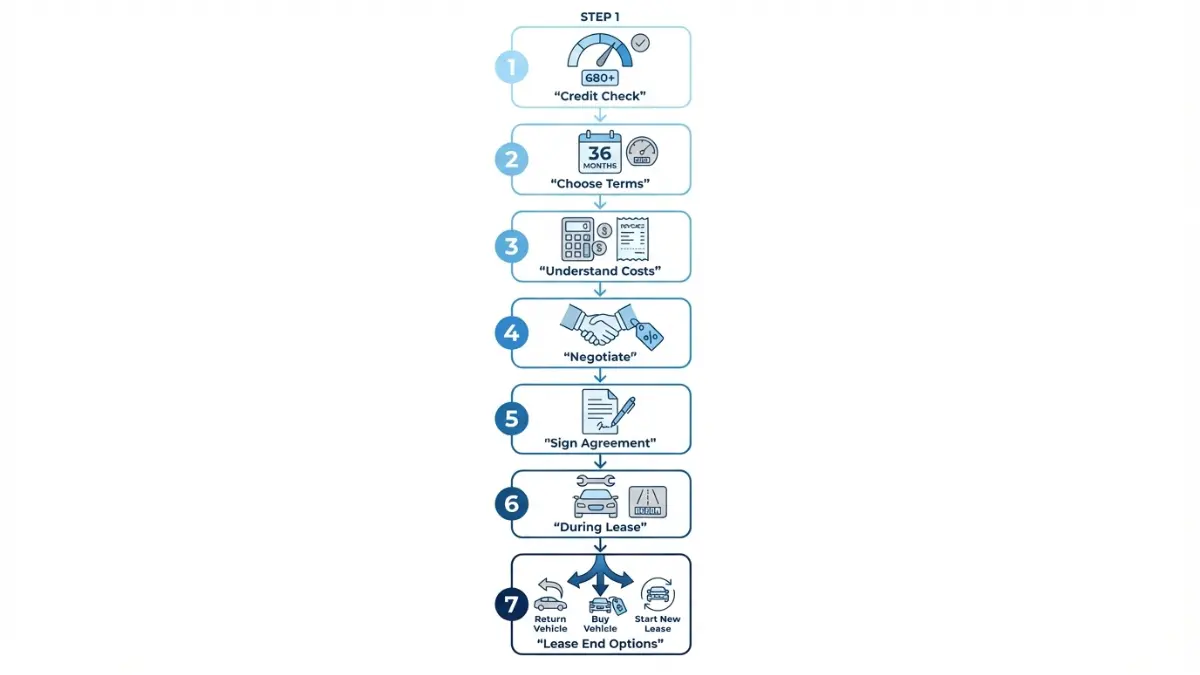 Leasing process explained in a 7-step visual flowchart from credit check to lease end options