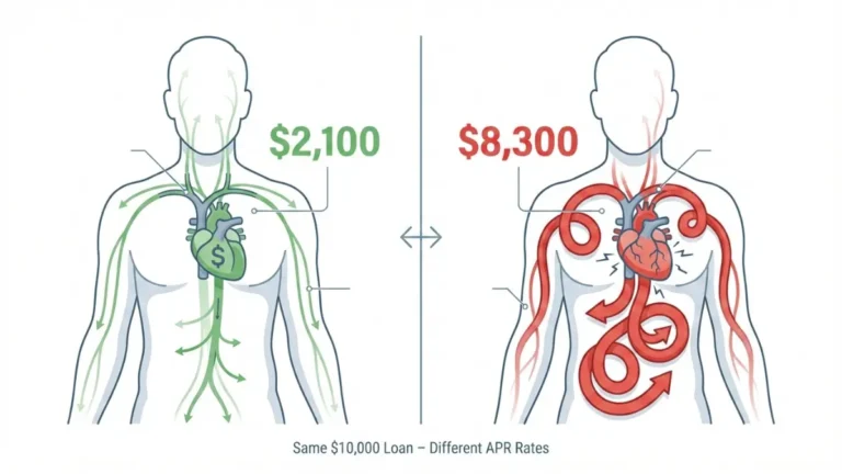 APR Guide showing low APR vs high APR cost comparison on the same $10,000 loan with visual interest impact