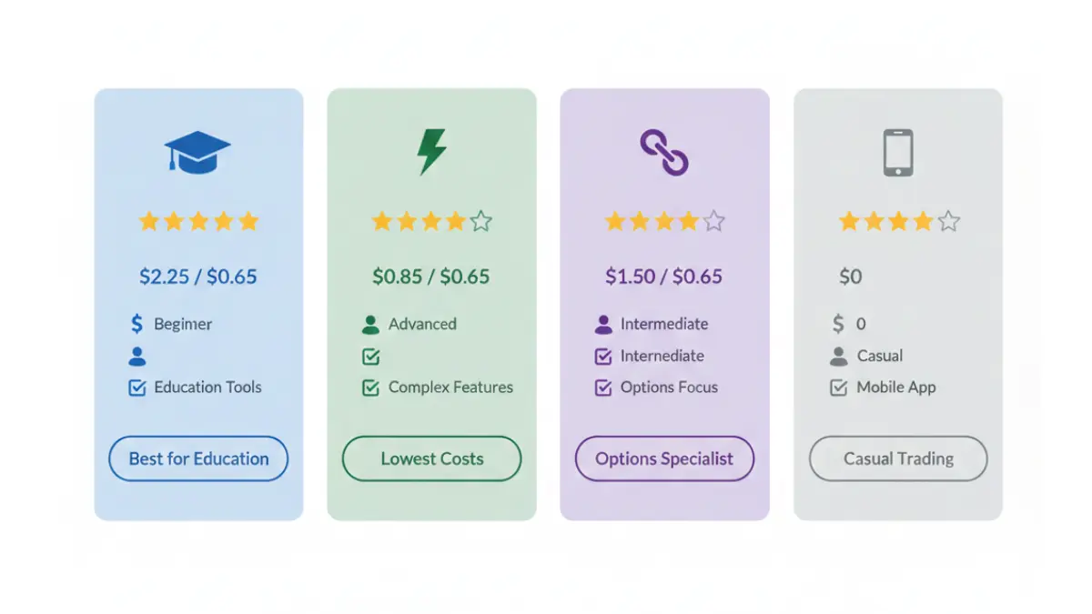 Derivatives trading platform comparison showing fees, ratings, and suitability for popular brokers on white background