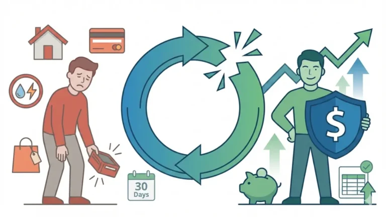 Paycheck cycle breaking illustration showing transformation from financial stress to freedom in 30 days