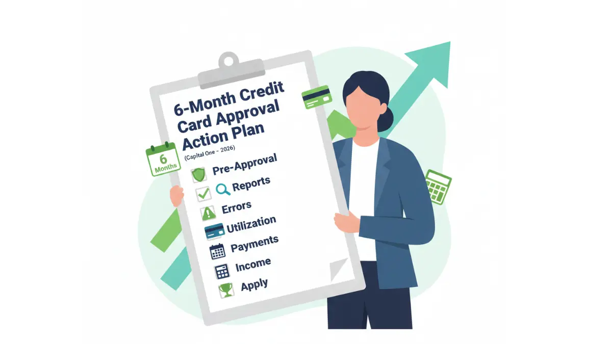 Capital One card approval checklist showing 6 month action plan to get approved