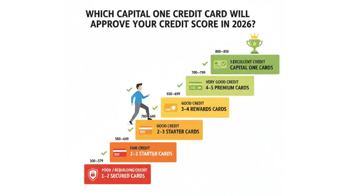 Capital One card approval ladder showing credit score ranges from poor to excellent in 2026