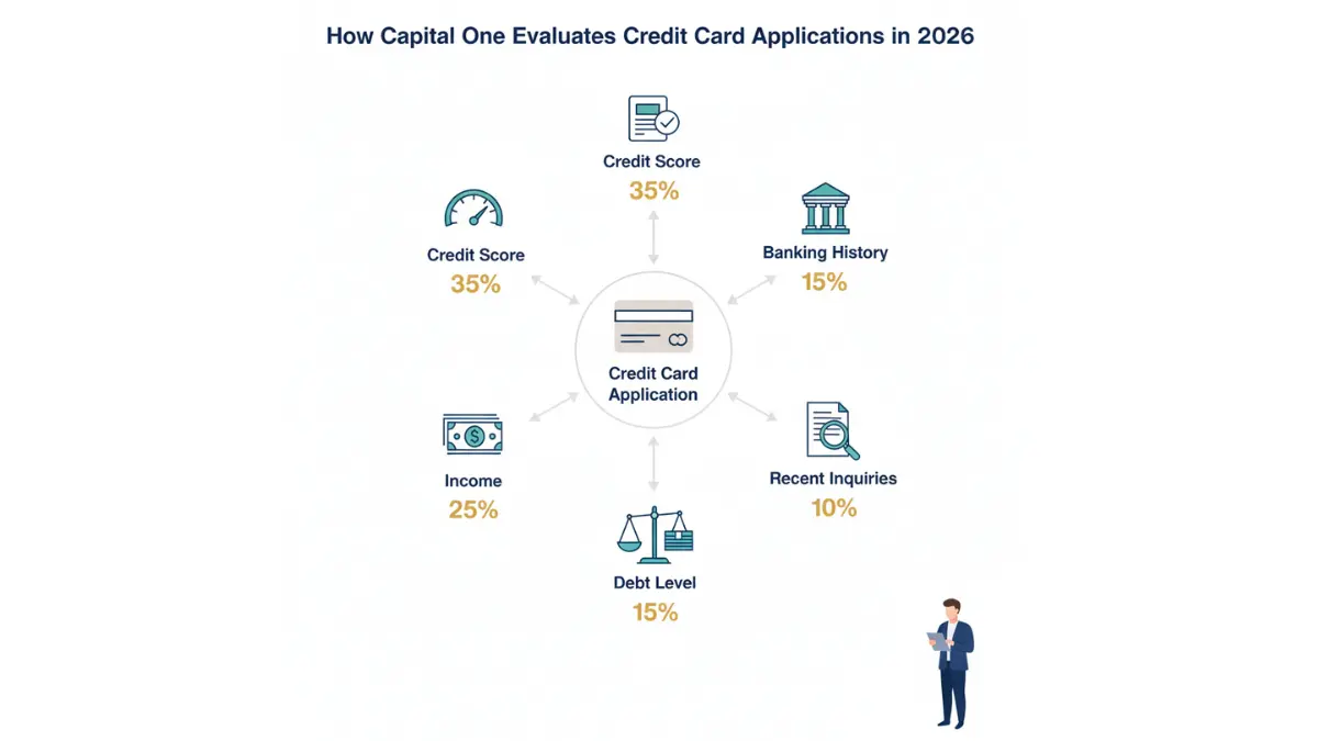 Capital One card approval factors diagram showing credit score, income, debt, and inquiries