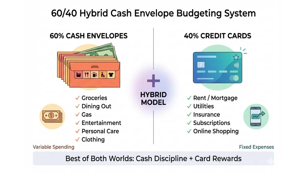 Cash Envelope System hybrid model showing 60 percent cash envelopes and 40 percent credit card spending