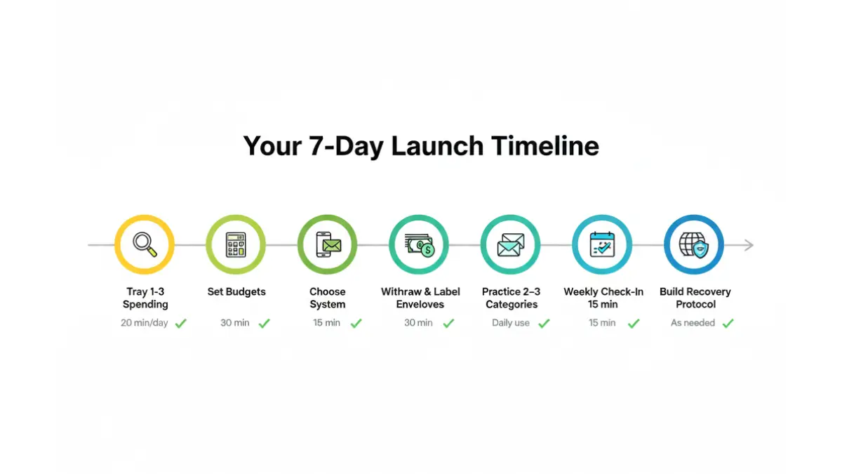 Cash Envelope System 7-day implementation timeline showing step-by-step budgeting setup