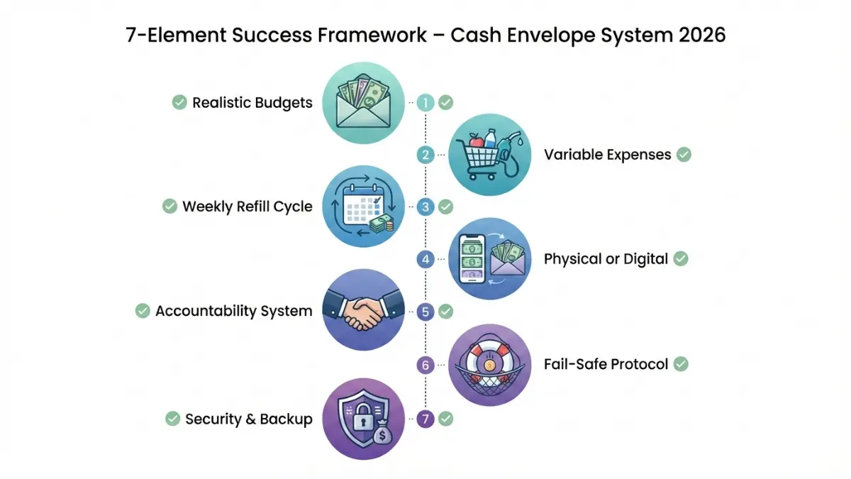 Cash Envelope System 7-element success framework checklist showing budgeting essentials for 2026