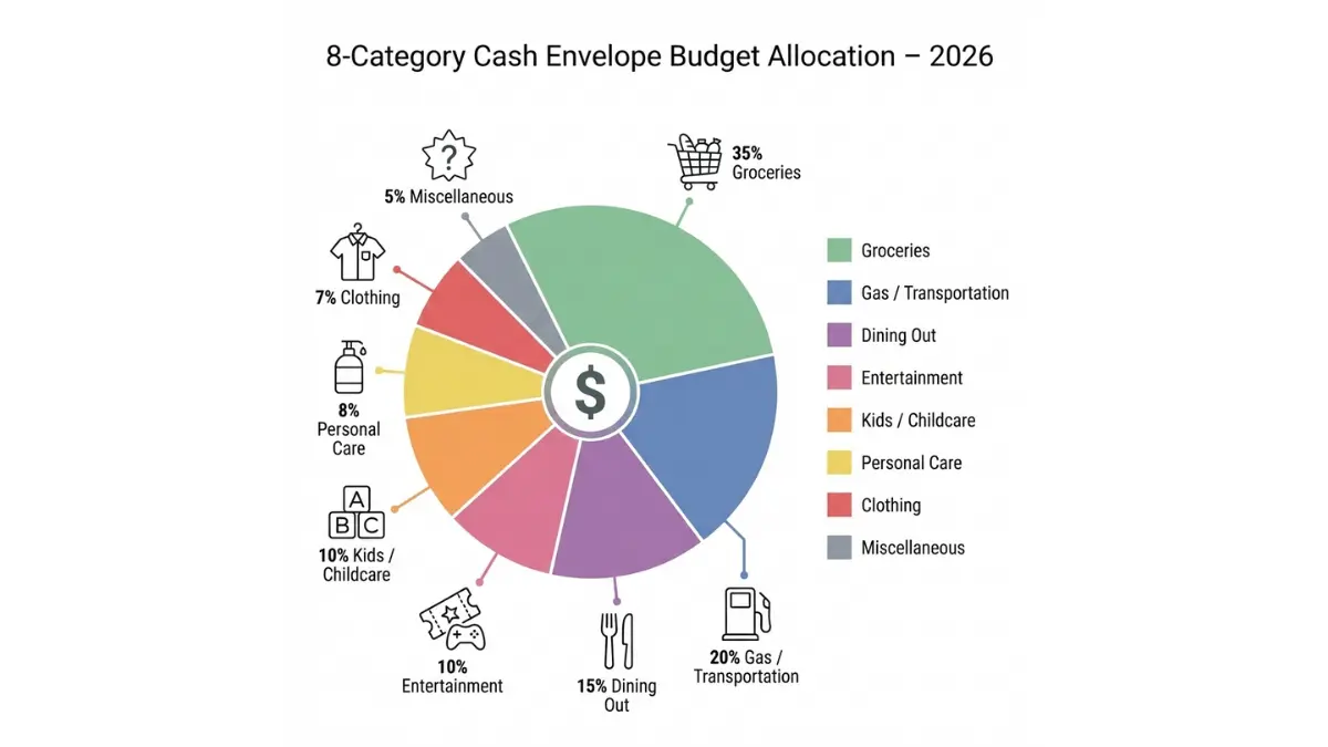 Cash Envelope System budget allocation pie chart showing 8 essential spending categories with percentages