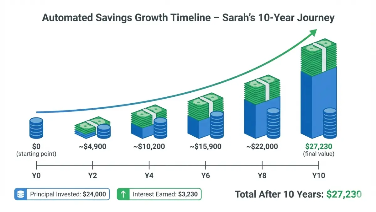 Compound Interest automated savings growth timeline showing 10-year investment journey