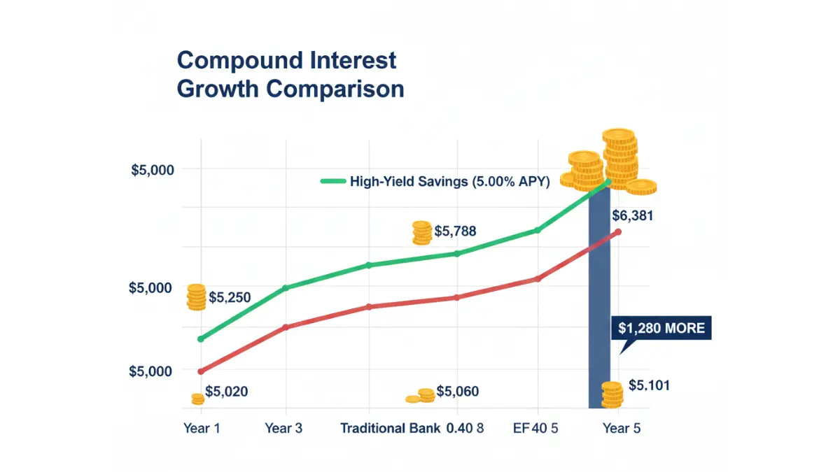 APY compound interest growth chart comparing $5,000 at 5.00% APY versus 0.40% APY over five years