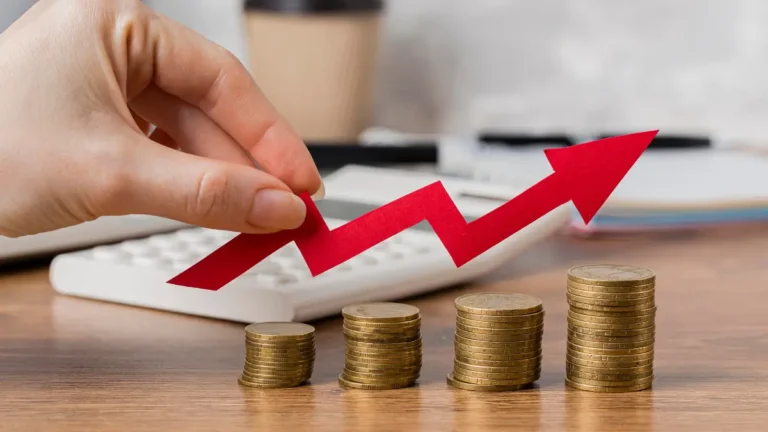 Compound Interest wealth growth concept showing upward financial trend with rising coin stacks