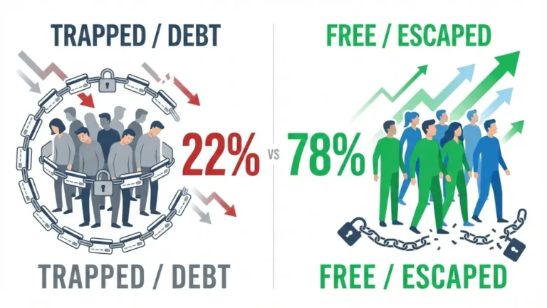 Visual comparison showing 22 percent trapped in credit card debt versus 78 percent who escape debt successfully