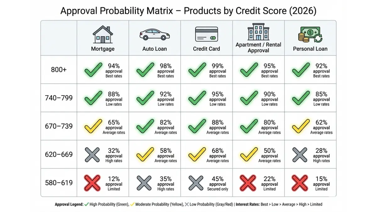 Credit Score approval probability matrix showing loan and credit approvals by score range