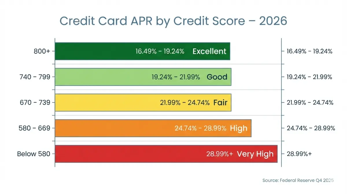 APR Guide chart showing credit card APR ranges by credit score tiers in 2026