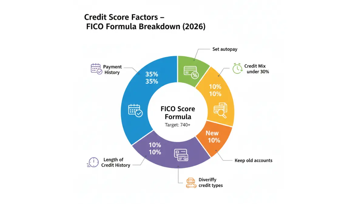 Credit Score factors pie chart showing FICO formula percentages and improvement actions