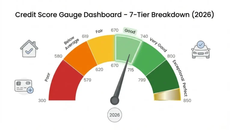 Credit Score gauge dashboard showing 7 tiers from poor to perfect with 2026 average score highlighted