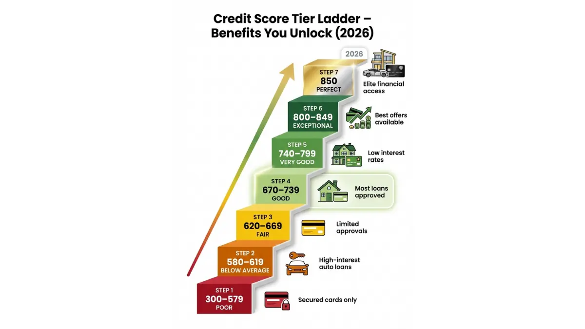 Credit Score tier ladder showing benefits unlocked at each score range from poor to perfect