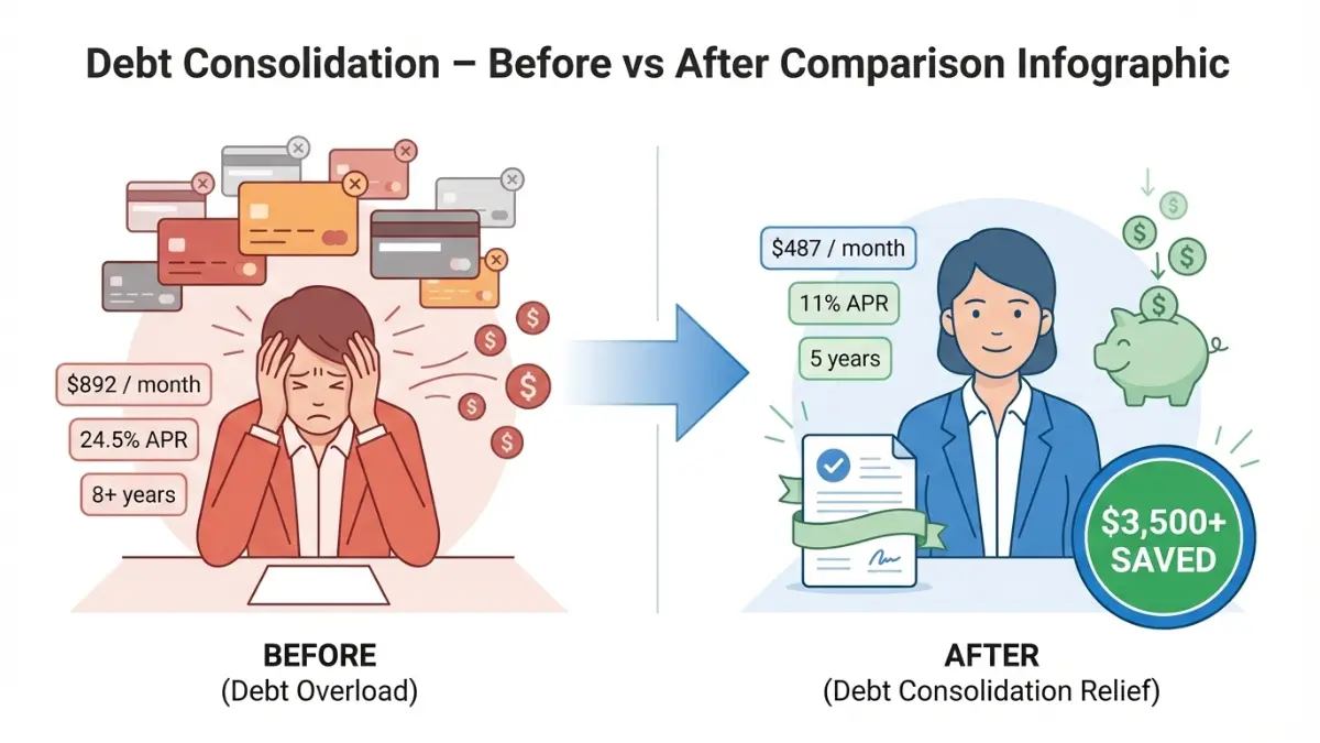 Debt Consolidation before and after comparison showing lower APR, reduced monthly payment, and $3,500+ savings