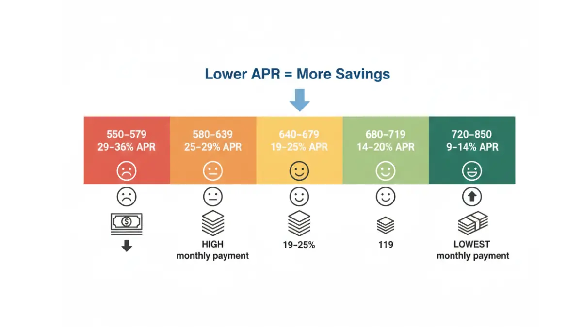 Debt Consolidation credit score chart showing how higher credit scores lead to lower APR and more savings