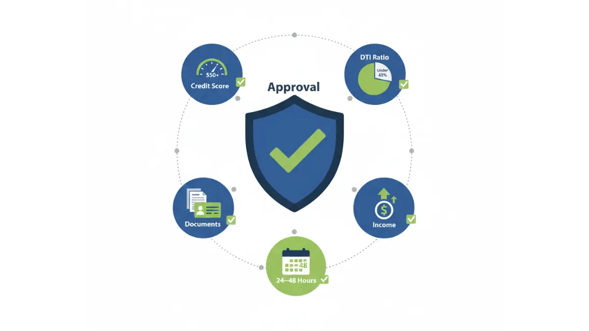 Debt Consolidation loan approval checklist showing credit score, income, DTI ratio, documents, and 24-48 hour approval
