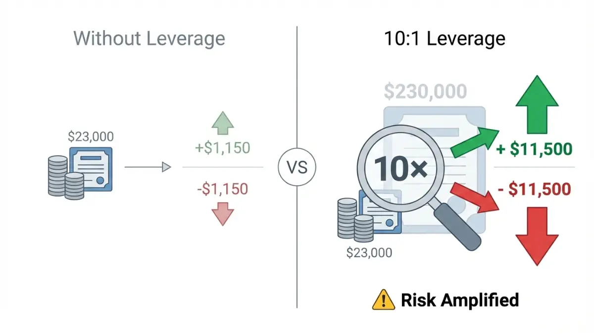 Derivatives leverage comparison showing how 10x leverage amplifies both gains and losses using a visual investment example
