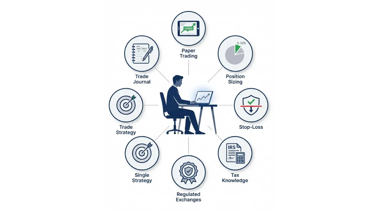 Derivatives trading safety checklist illustration showing seven essential risk management rules for beginners
