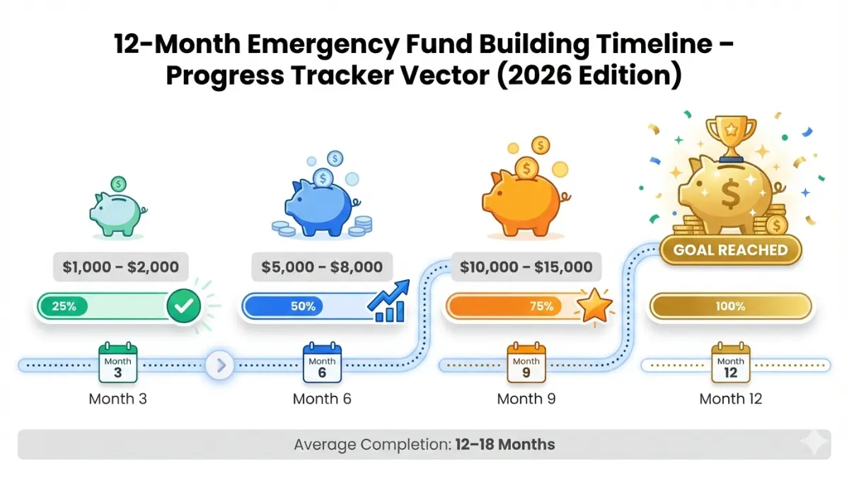 Emergency Fund building timeline showing 12 month savings progress milestones