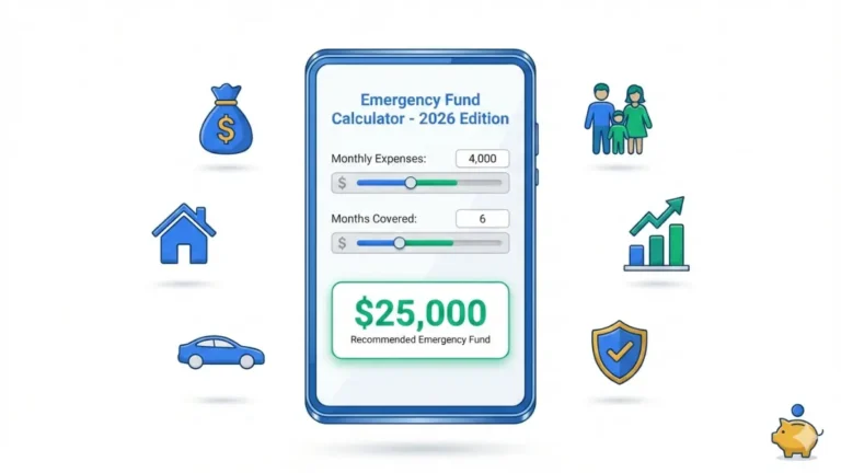 Emergency Fund calculator dashboard showing personalized savings amount and financial security icons